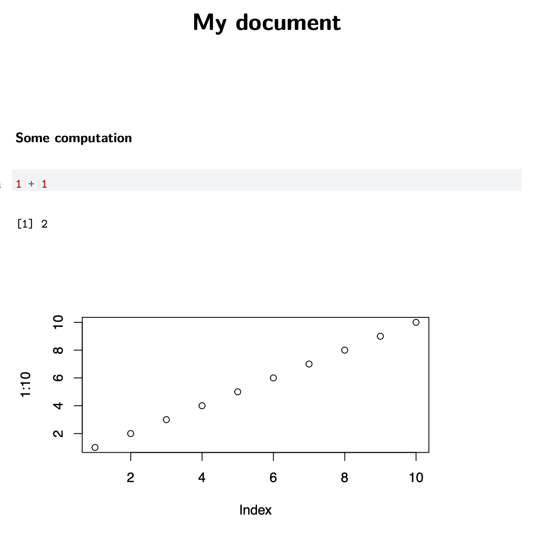 A screenshot of a PDF document with the title 'My document'. Below the title is a table of contents followed by a section called `A computation`.