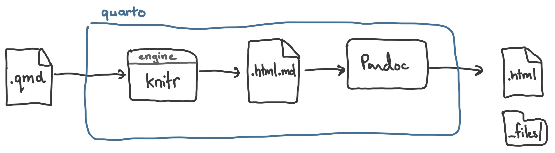 Diagram showing a `.qmd` file entering a box labelled Quarto, it flows through `knitr` to a `.html.md` file, then through Pandoc, exiting the box as a `.html` file along with a folder with the name `_files.`.