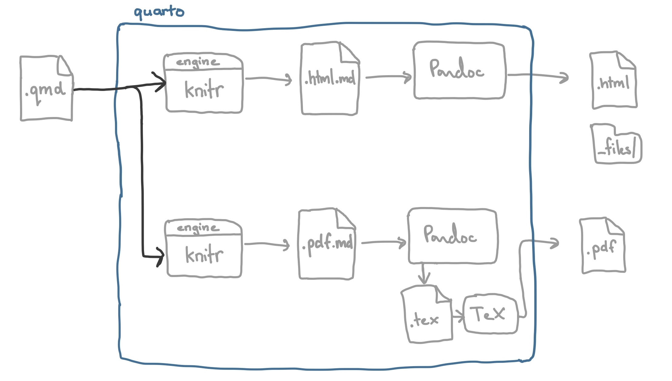 Diagram of a quarto file entering Quarto and splitting into two processes: render to HTML; and render to PDF.