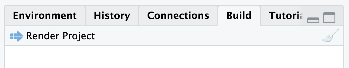 Screenshot of the Build Pane in RStudio showing a button labelled Render Project.