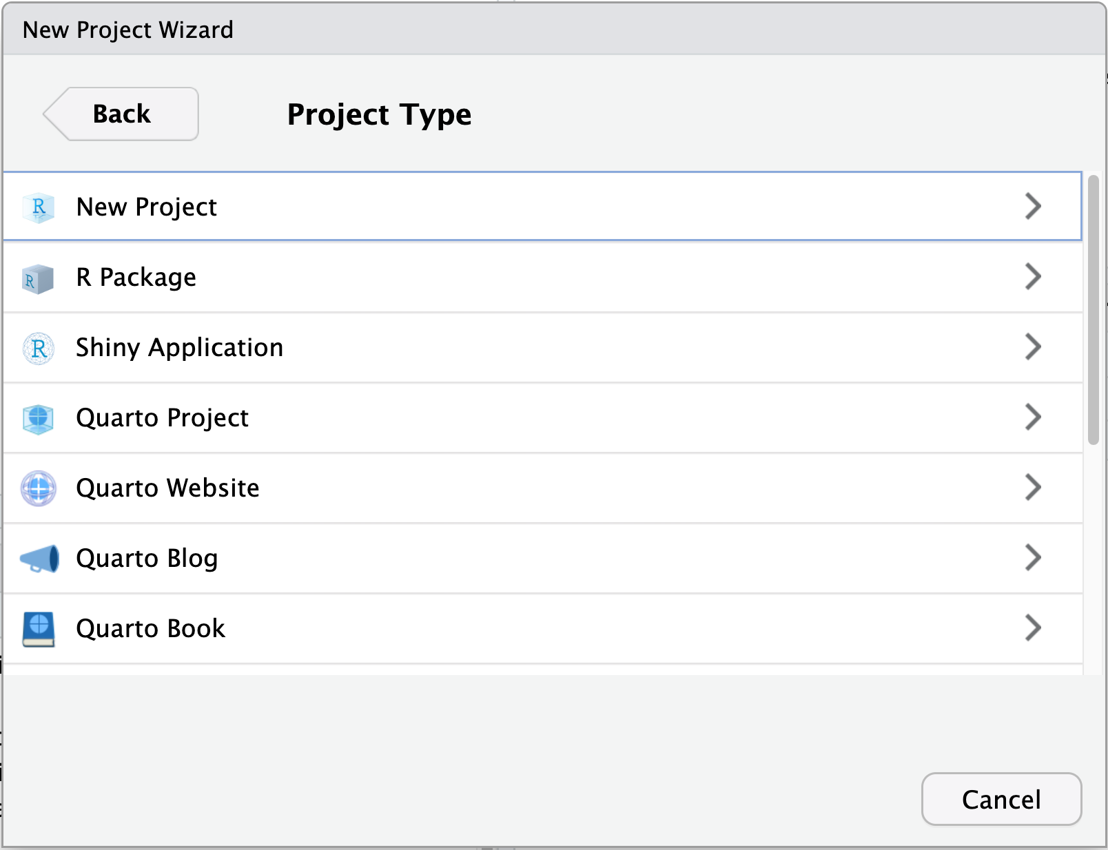 A screenshot of the new project dialog in RStudio.