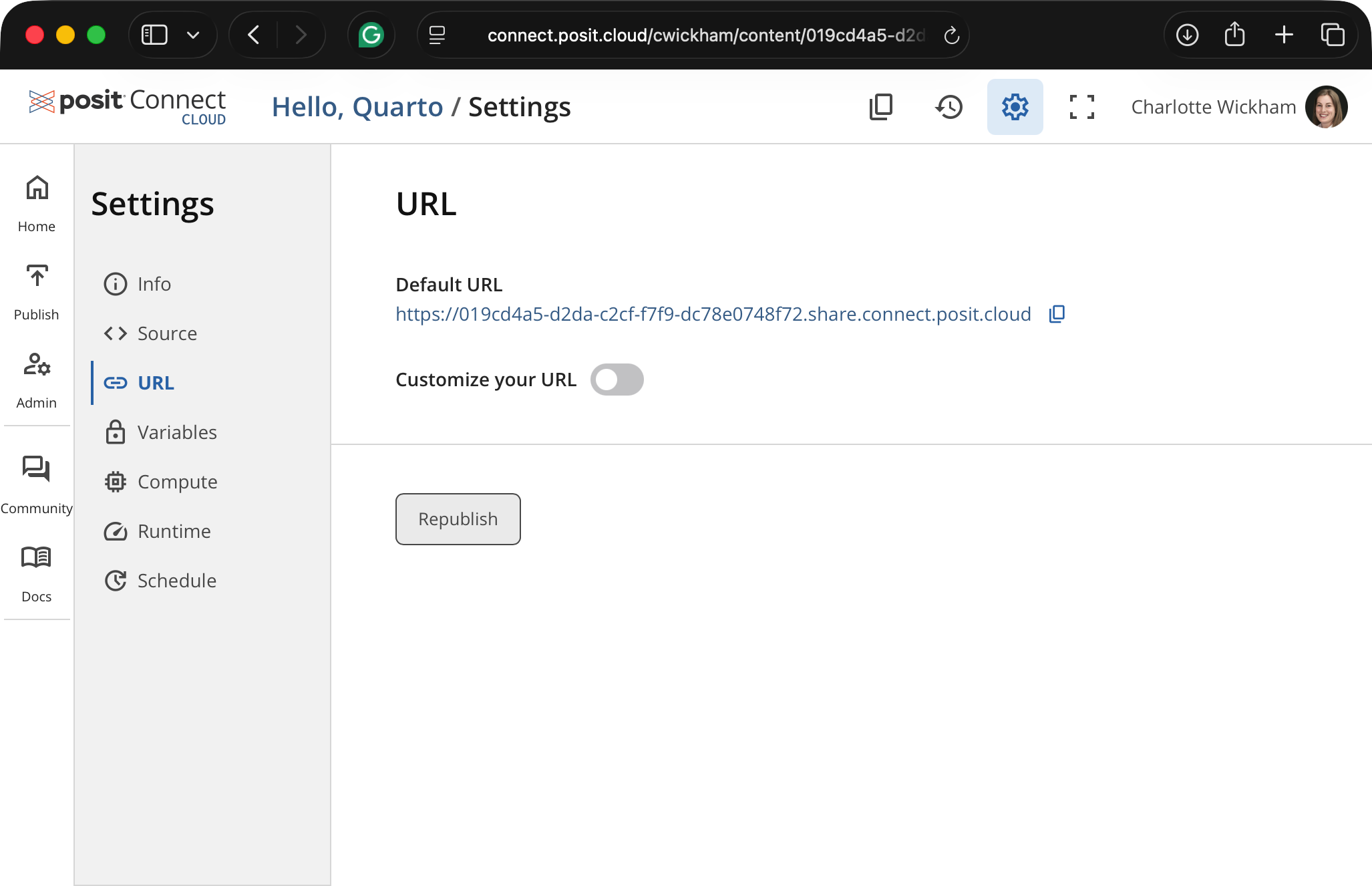 Screenshot of the Settings URL page on Posit Connect Cloud showing the Default URL.