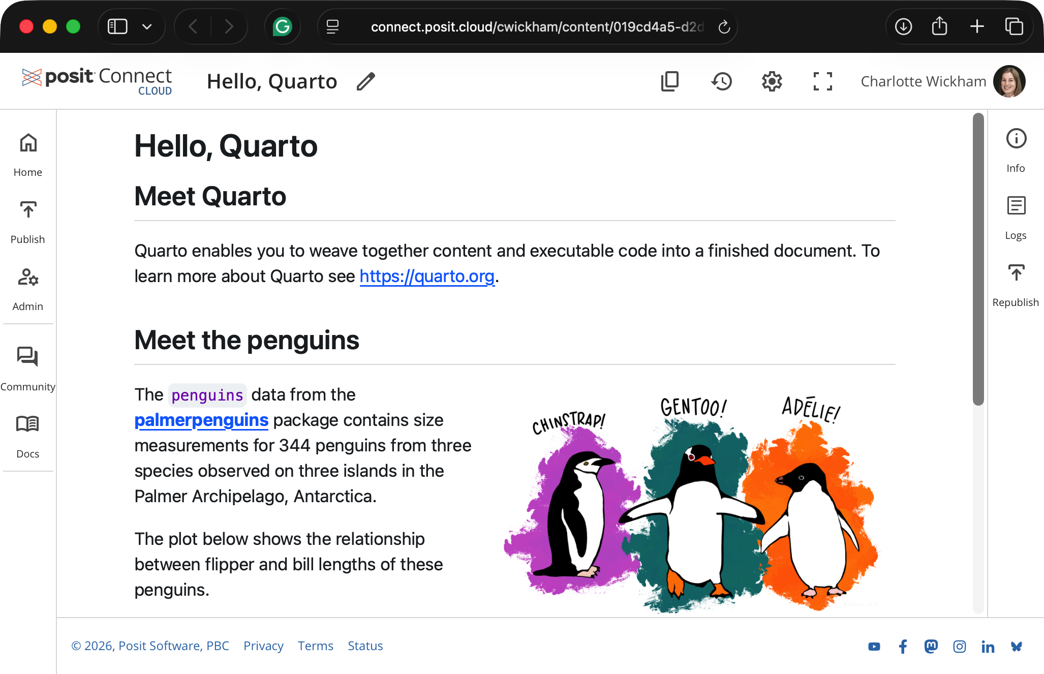 Screenshot of the admin view of a published document on Posit Connect Cloud.