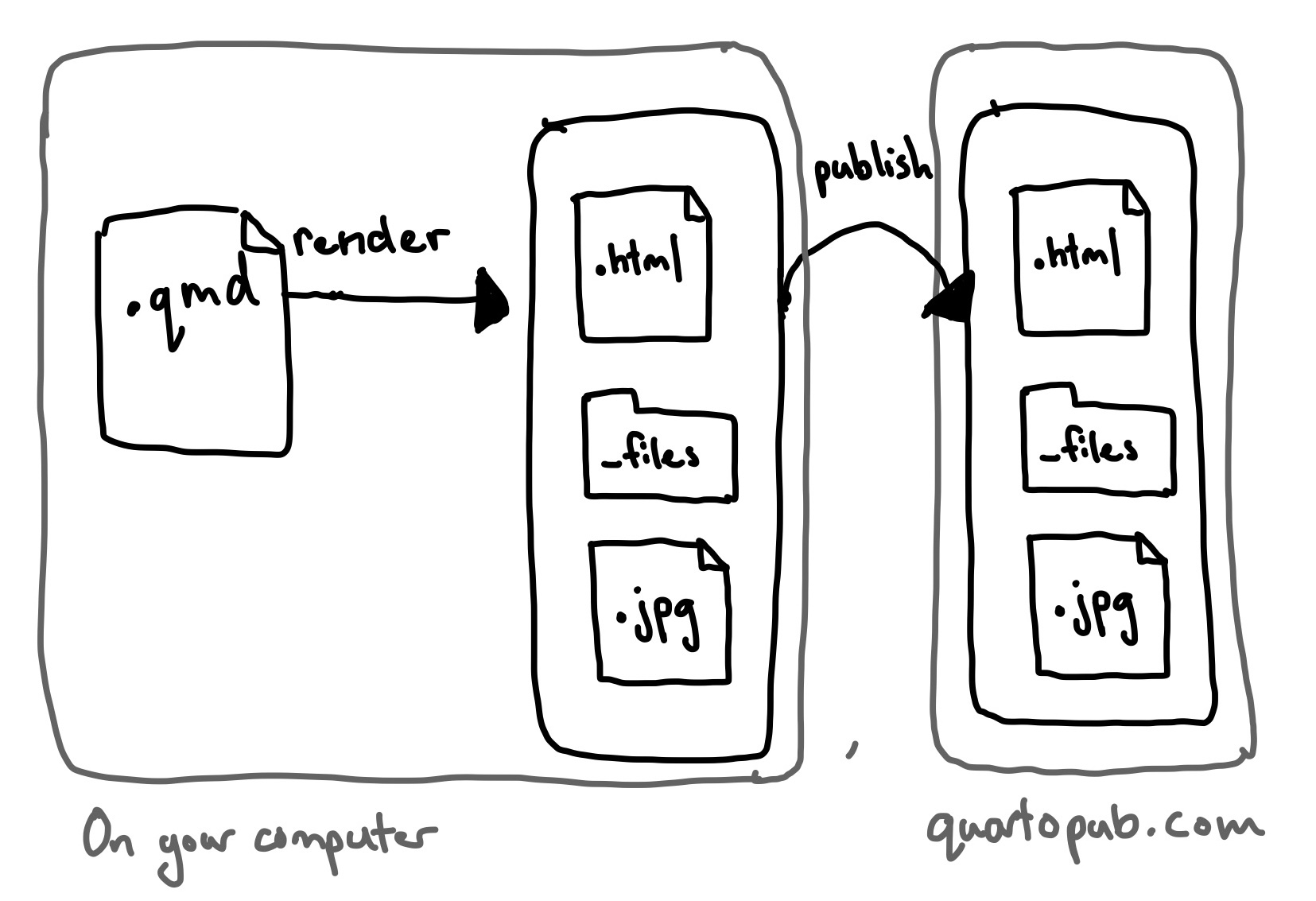 A diagram of the publishing process. An arrow labeled Render points from a file with extension .qmd to a collection of files including one with extension .html, a folder labelled _files/ and a file with extension .jpg. An arrow labelled publish points from this collection of files to the same collection of files on quartopub.com.