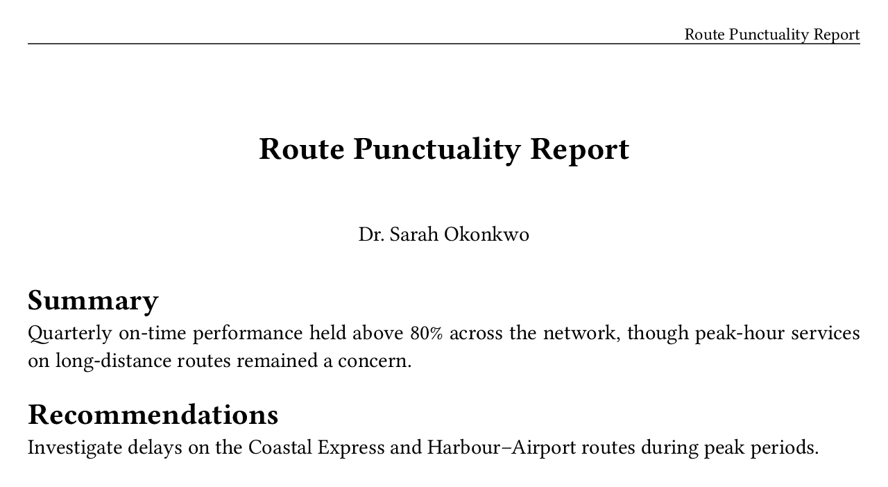 A rendered page with a small Route Punctuality Report header at top right, a thin horizontal rule across the full page width below it, then a large Route Punctuality Report title block, Dr. Sarah Okonkwo as author, and Summary and Recommendations sections.