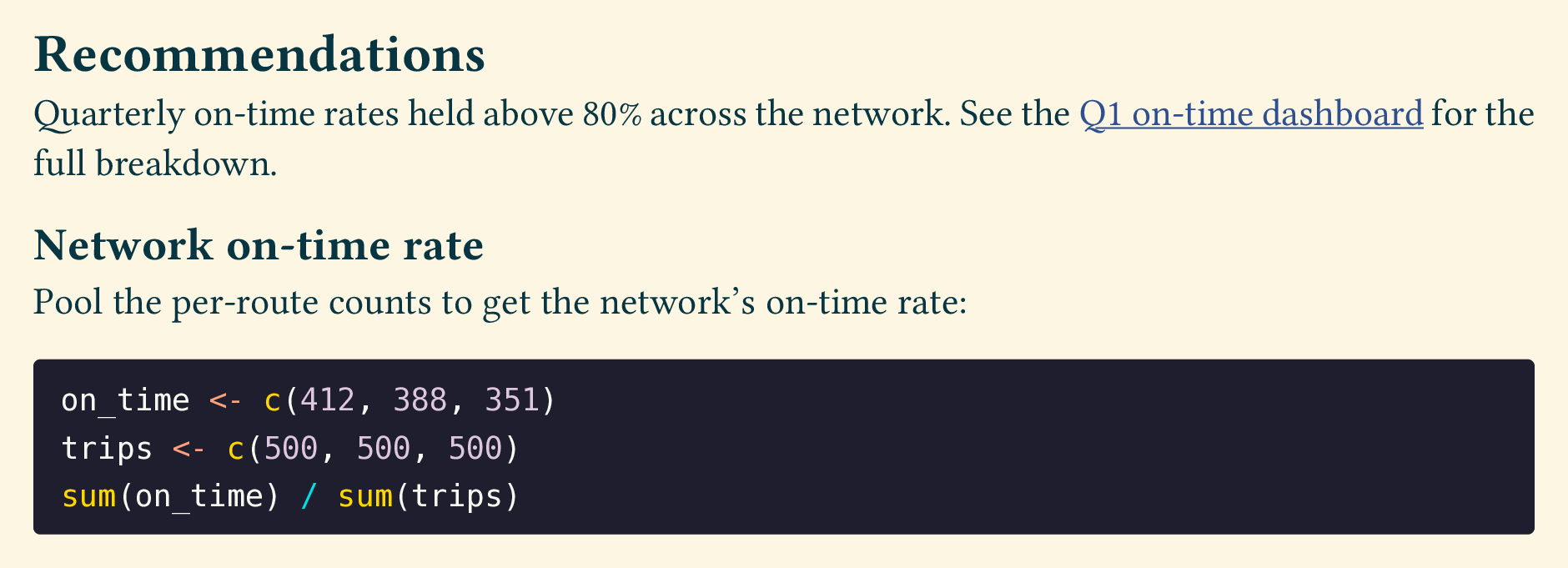 The cream document with the code block now on a dark charcoal background with a11y-dark syntax highlighting.