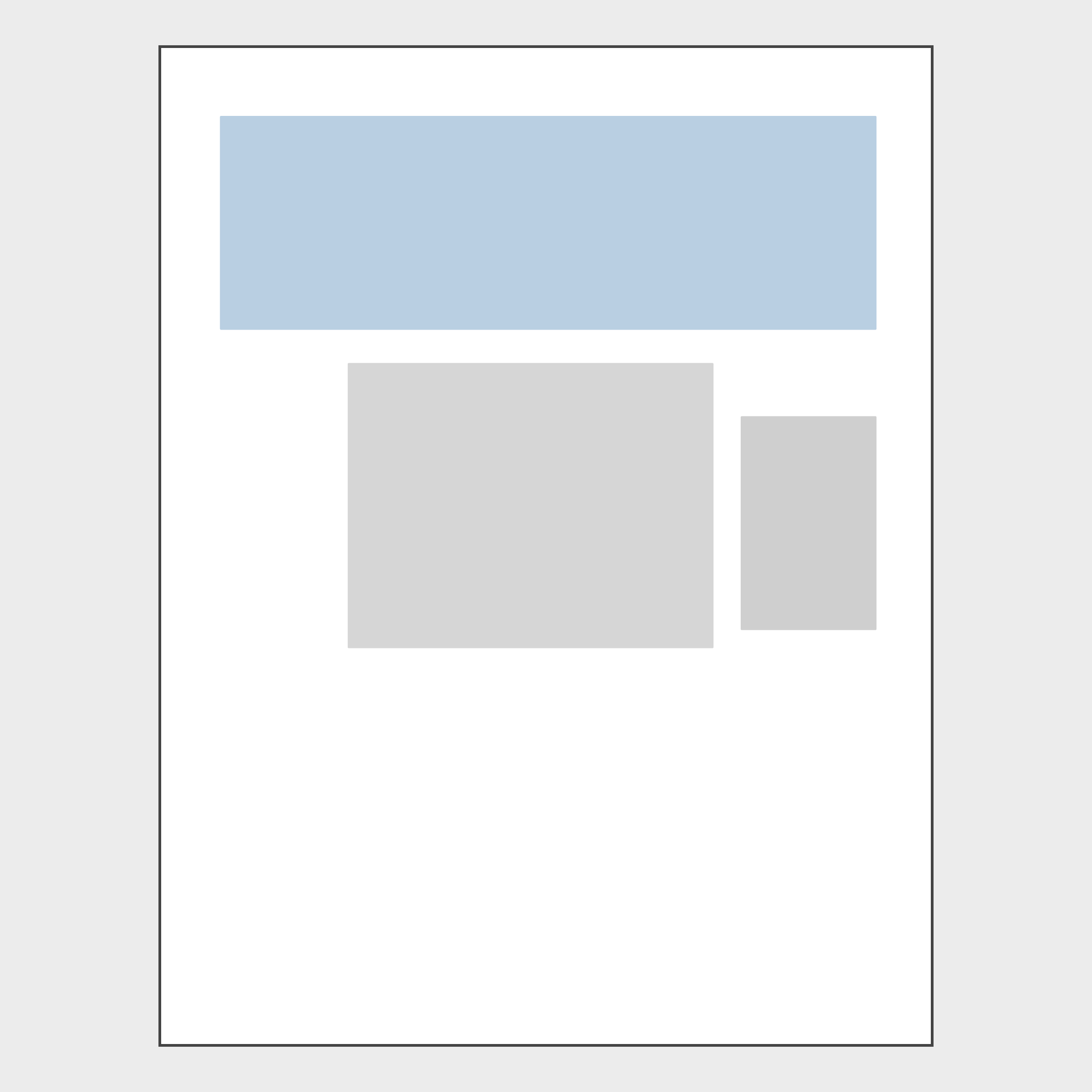 A page with a wide blue block at the top spanning the full content area, a narrower grey body block beneath, and a small grey block in the right margin.