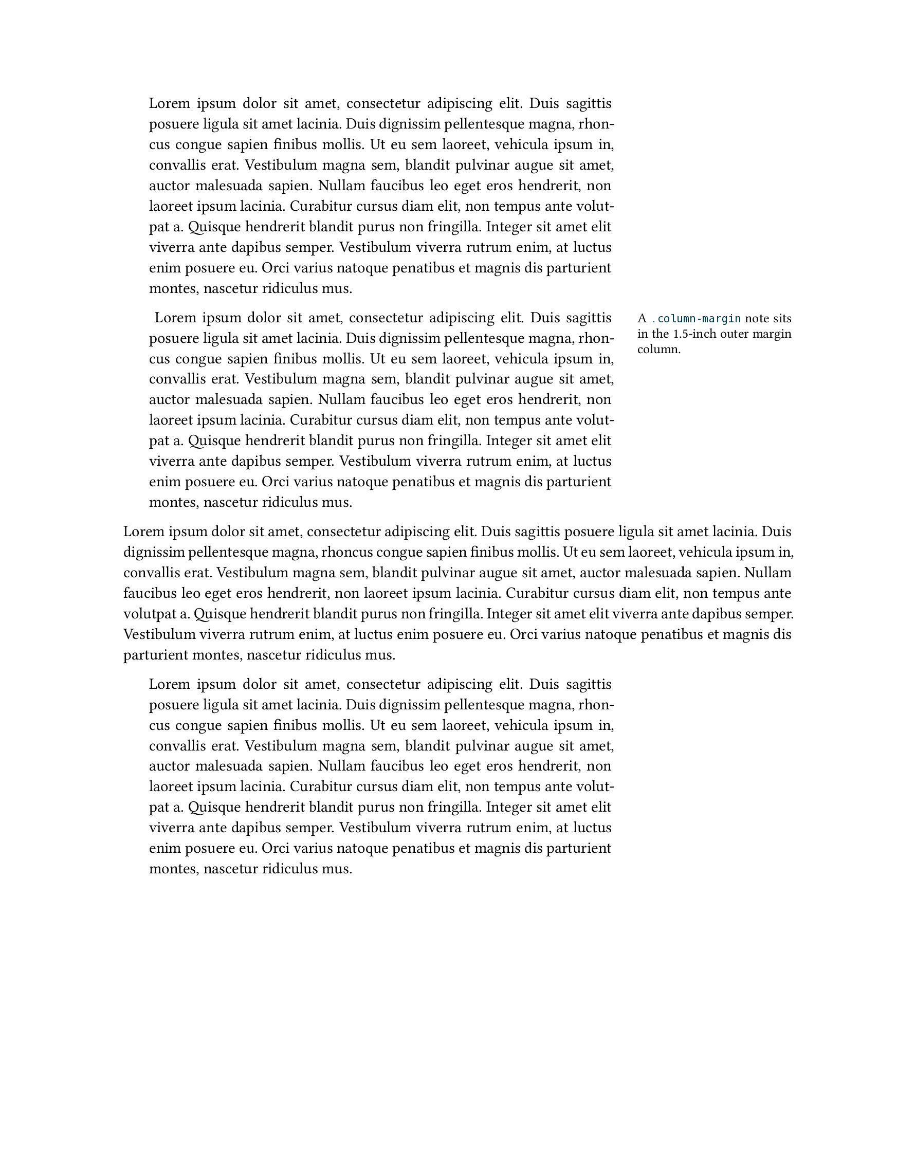 A rendered page. Body paragraphs are inset from the left edge; one paragraph spans nearly the full page width to a one-inch margin on each side; a short note sits in the right margin.