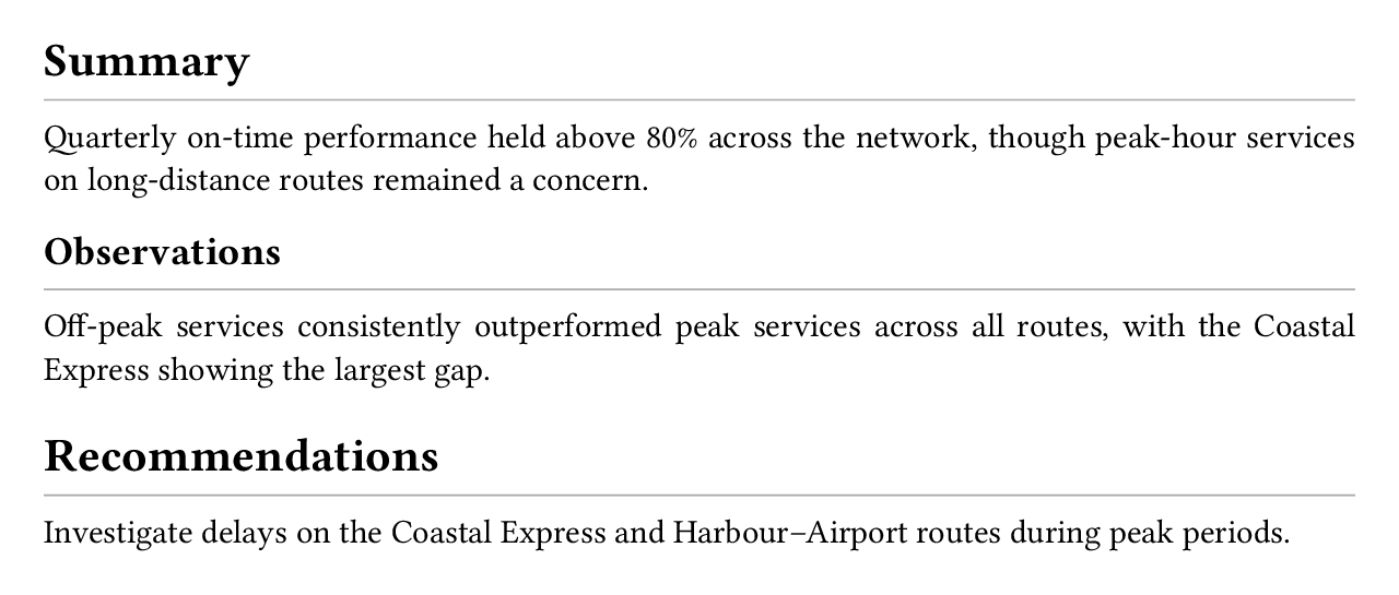 Summary, Observations, and Recommendations headings, each followed by a thin gray horizontal rule spanning the page width.