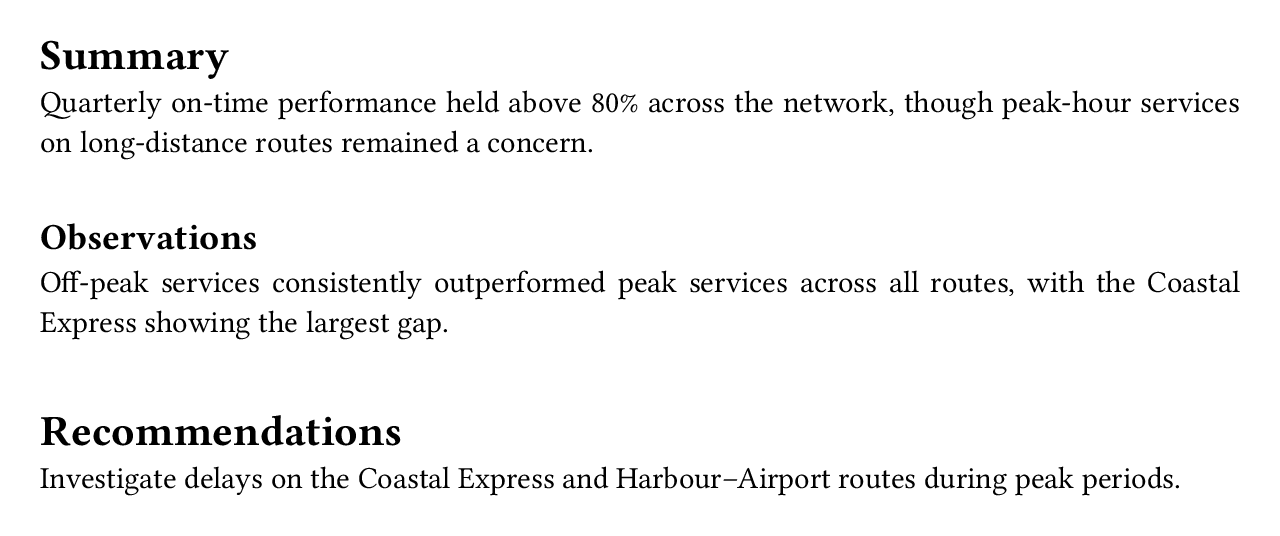 Summary, Observations, and Recommendations headings with wide vertical space above each.