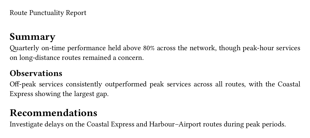 A PDF page with a Route Punctuality Report header at top, followed by Summary, Observations, and Recommendations sections.