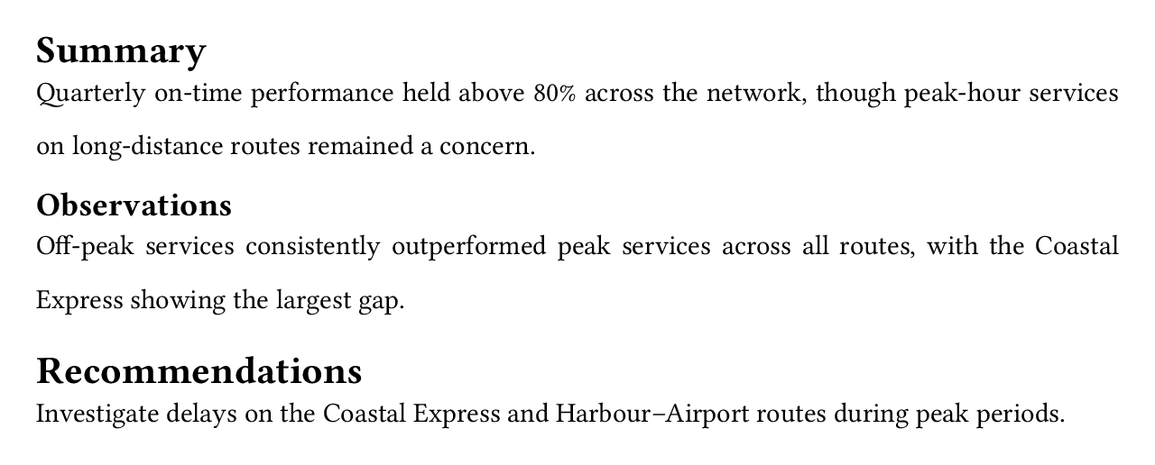 Summary, Observations, and Recommendations sections, each paragraph with extra vertical space between its lines.